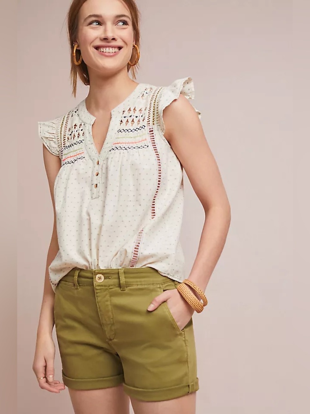 Anthropologie Cotton Boho Cream Eclectic Embroidered Flutter Sleeve Top Size L
